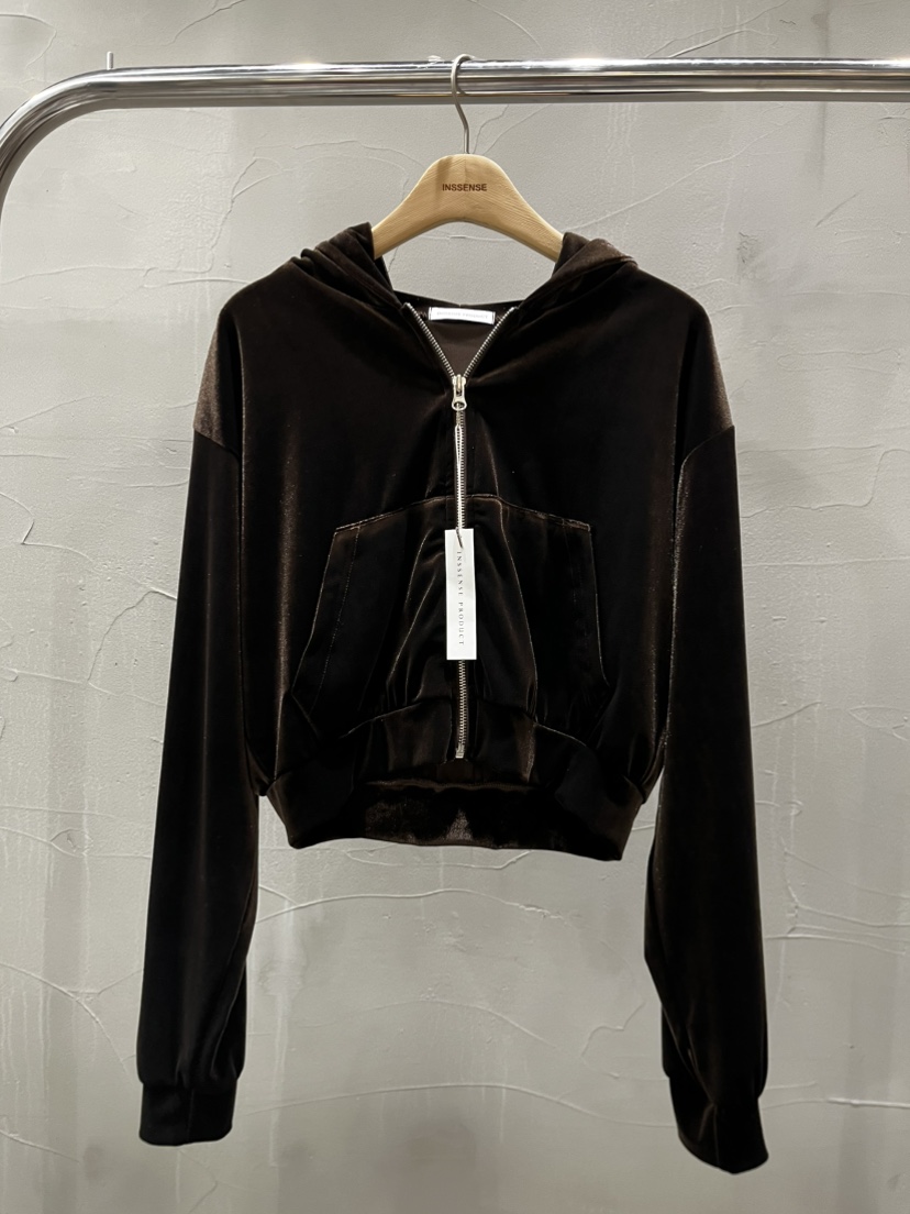INSSENSE-A韓國直郵㊣女士新品25秋冬夾克天鵝絨連帽拉鏈連帽拉鏈衫INSSENSE-A夾克圖色1