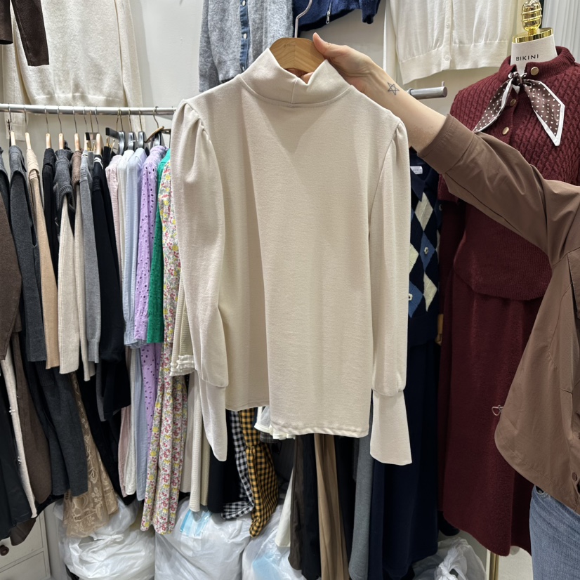 BIKINI東大門㊣實拍女士新品熱賣25秋冬長袖T恤不含項鏈高領褶皺BIKINI長袖T恤