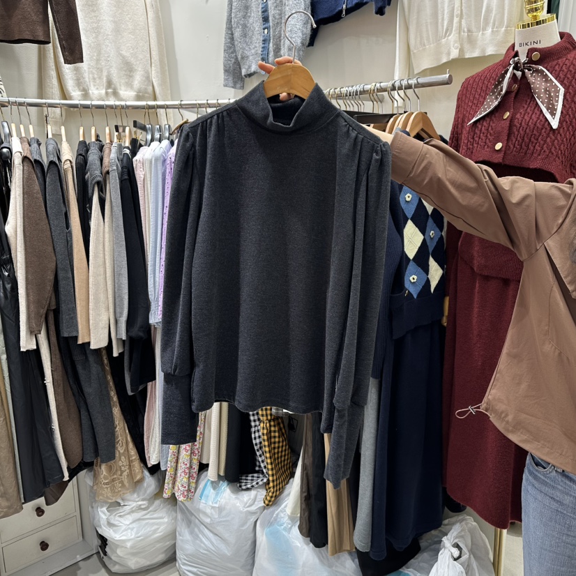 BIKINI東大門㊣實拍女士新品熱賣25秋冬長袖T恤不含項鏈高領褶皺BIKINI長袖T恤圖色3墨色