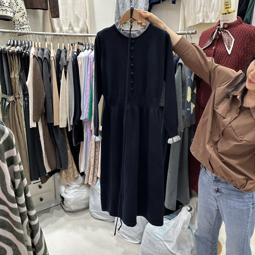 BIKINI韓國代購㊣女士新款人氣時尚推薦真品休閑連衣裙含腰帶BIKINI連衣裙圖色2黑色