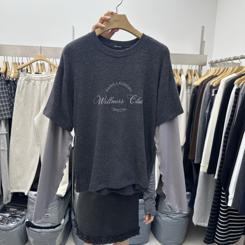 SPECIAL韓國代購㊣女士新款時尚熱賣人氣職業長袖T恤假兩件SPECIAL長袖T恤圖色1墨色