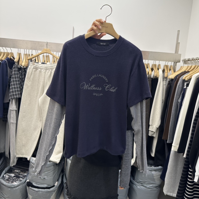 SPECIAL韓國代購㊣女士新款時尚熱賣人氣職業長袖T恤假兩件SPECIAL長袖T恤圖色2深藍色