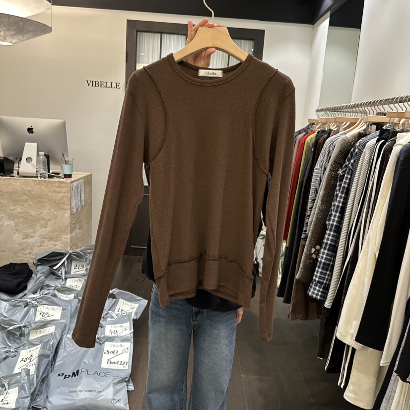 VIBELLE東大門㊣直郵女士新款推薦25秋冬長袖T恤假兩件短款VIBELLE長袖T恤圖色2