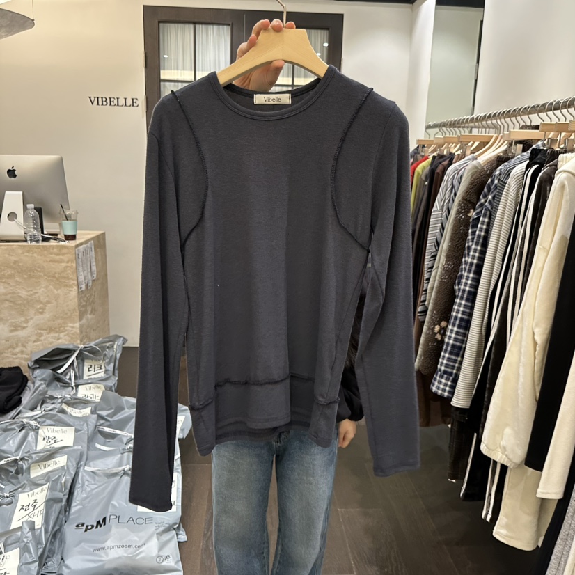 VIBELLE東大門㊣直郵女士新款推薦25秋冬長袖T恤假兩件短款VIBELLE長袖T恤圖色3墨色