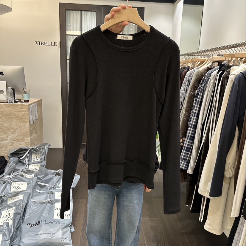 VIBELLE東大門㊣直郵女士新款推薦25秋冬長袖T恤假兩件短款VIBELLE長袖T恤圖色4黑色