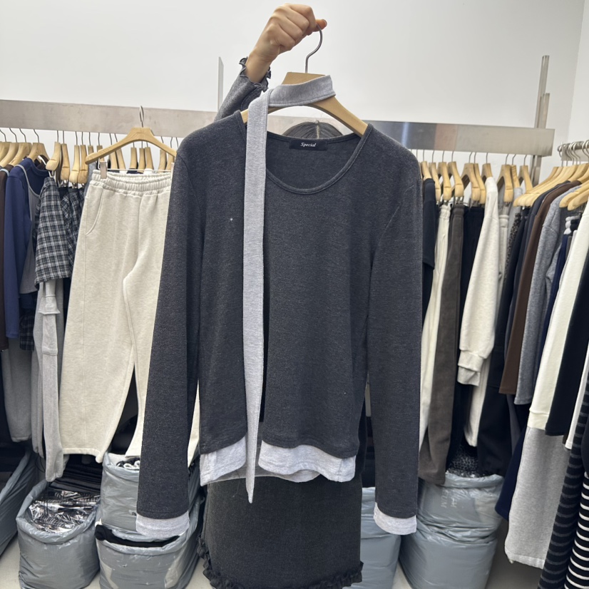 SPECIAL東大門㊣實拍女士新款推薦熱賣時尚長袖T恤含脖帶圍巾SPECIAL長袖T恤圖色3墨色