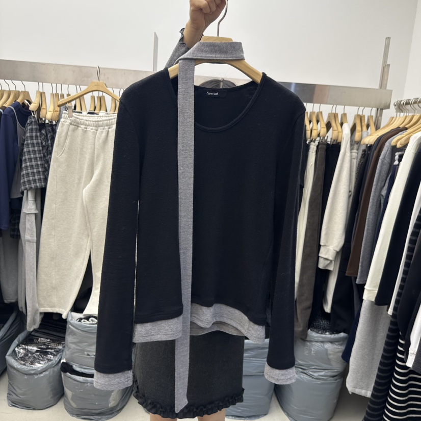 SPECIAL東大門㊣實拍女士新款推薦熱賣時尚長袖T恤含脖帶圍巾SPECIAL長袖T恤圖色4黑色