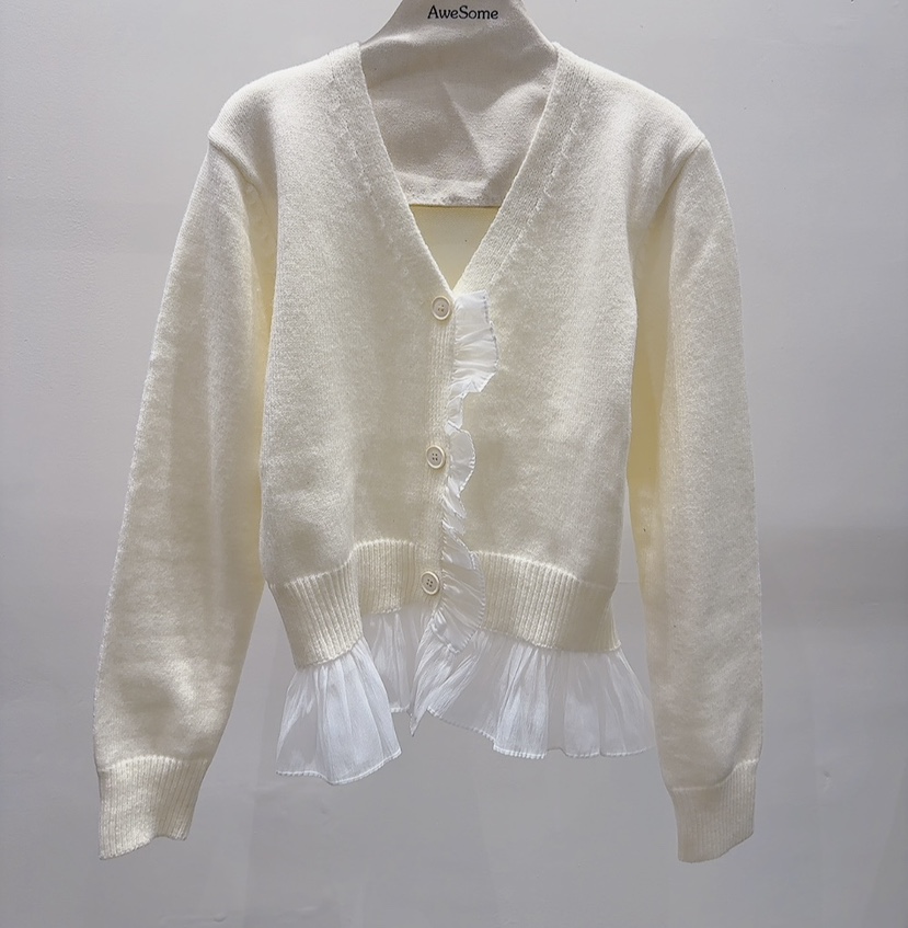 AWESOME-P韓國直郵㊣女士新品職業25秋冬針織衫荷葉邊開衫AWESOME-P針織衫圖色2