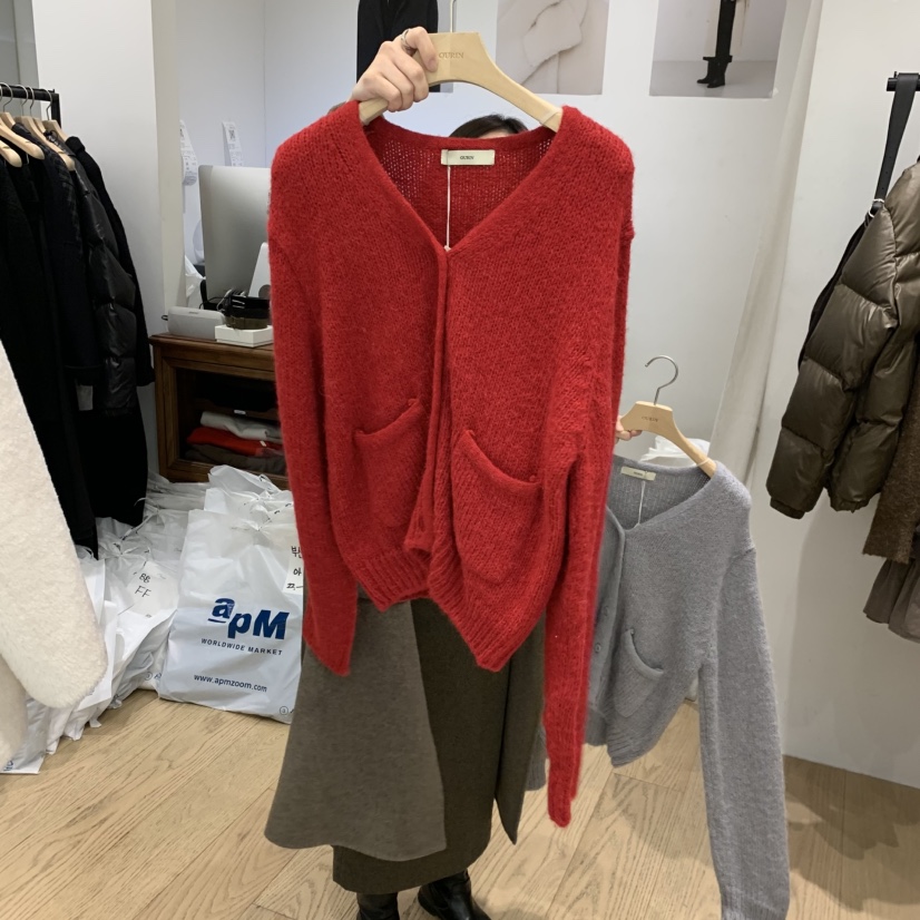 OURIN韓國代購㊣女裝新品25秋冬休閑人氣時尚職業毛衣口袋羊駝OURIN毛衣圖色1