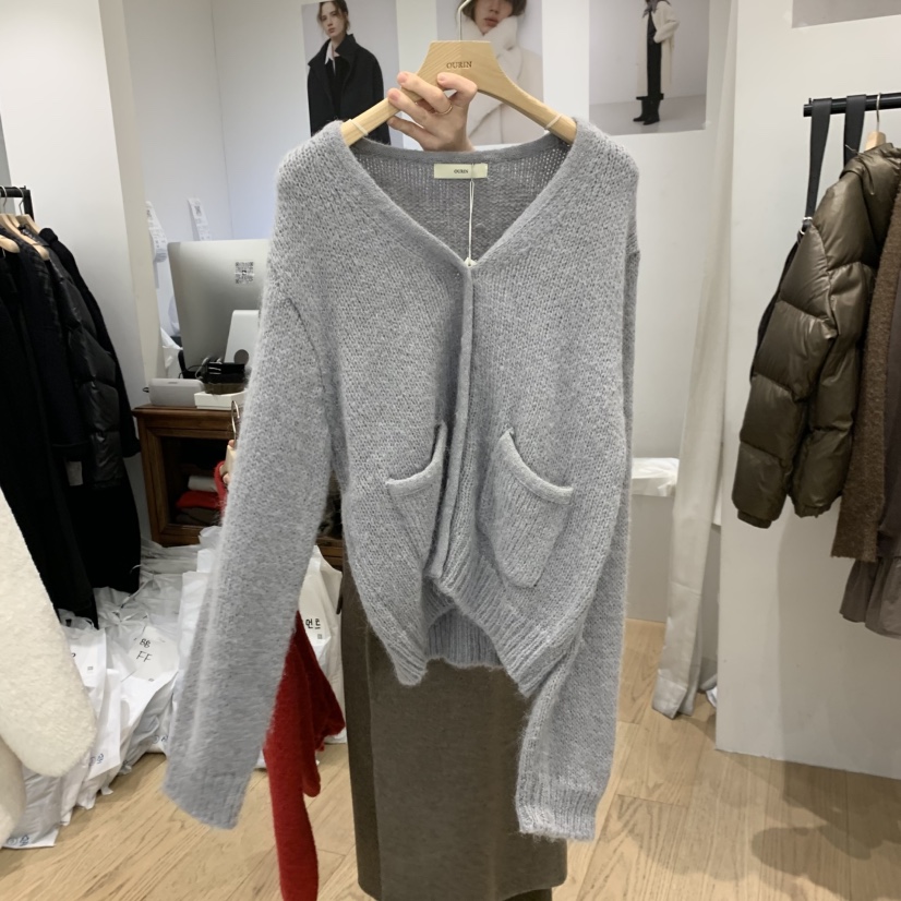 OURIN韓國代購㊣女裝新品25秋冬休閑人氣時尚職業毛衣口袋羊駝OURIN毛衣圖色2
