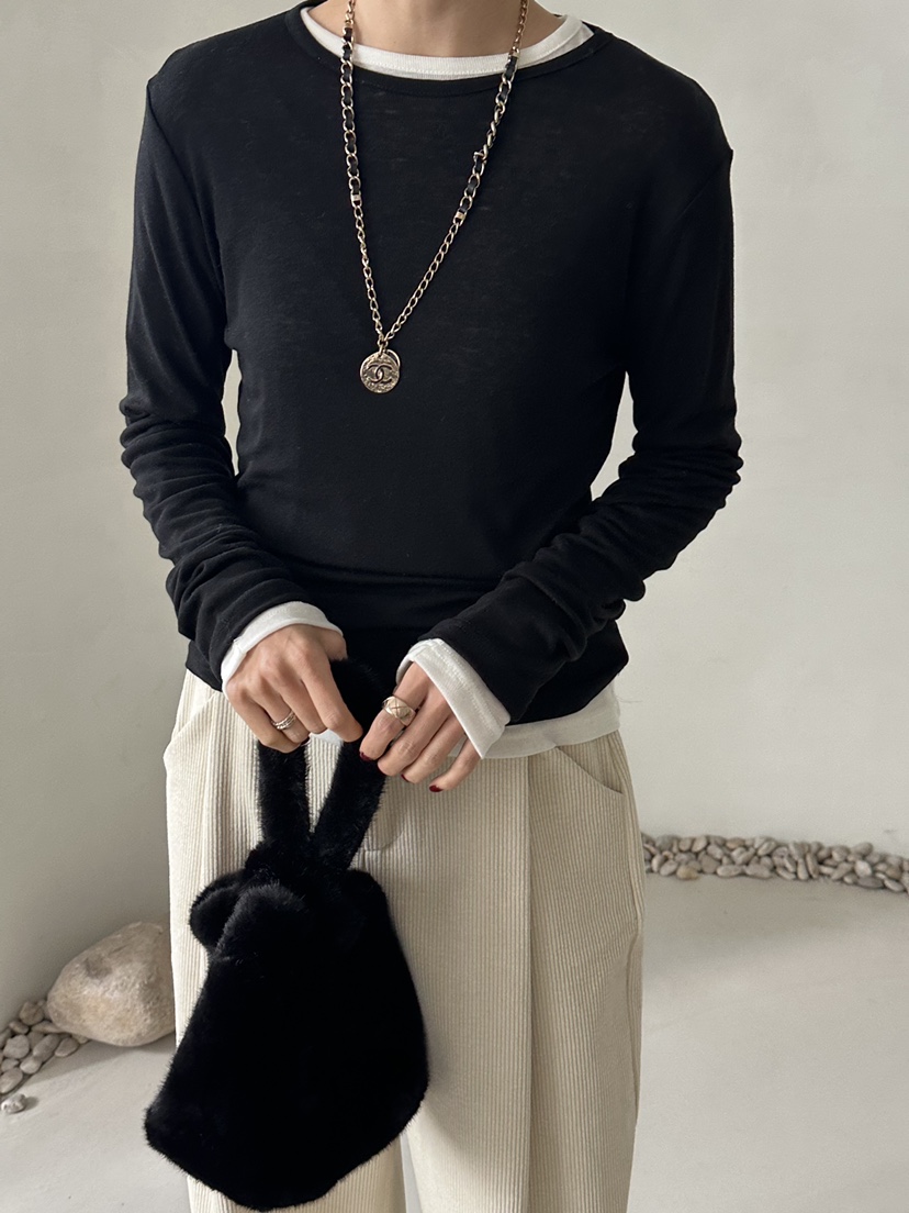 DEMAR韓國直郵㊣女裝新款時尚長袖T恤不含內搭天絲羊毛圓領DEMAR長袖T恤圖色4黑