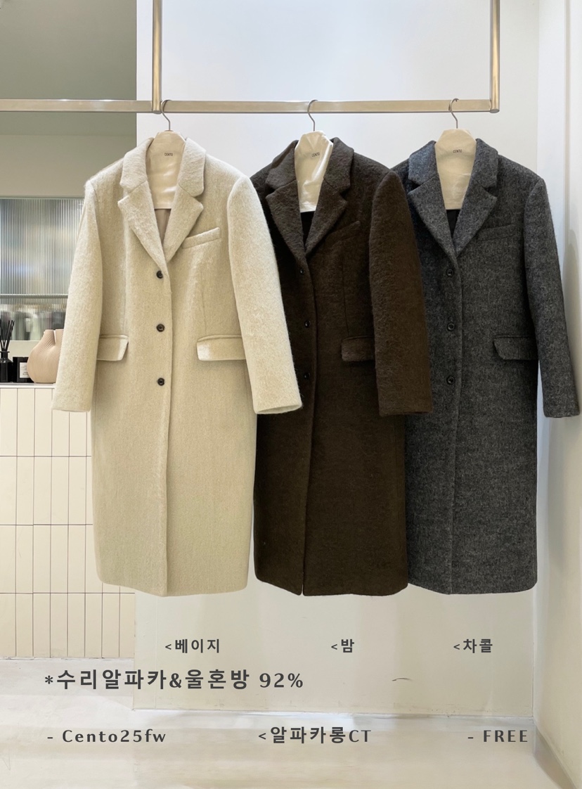 CENTO韓國代購㊣女裝新款熱賣真品人氣25秋冬中長款大衣羊駝CENTO中長款大衣