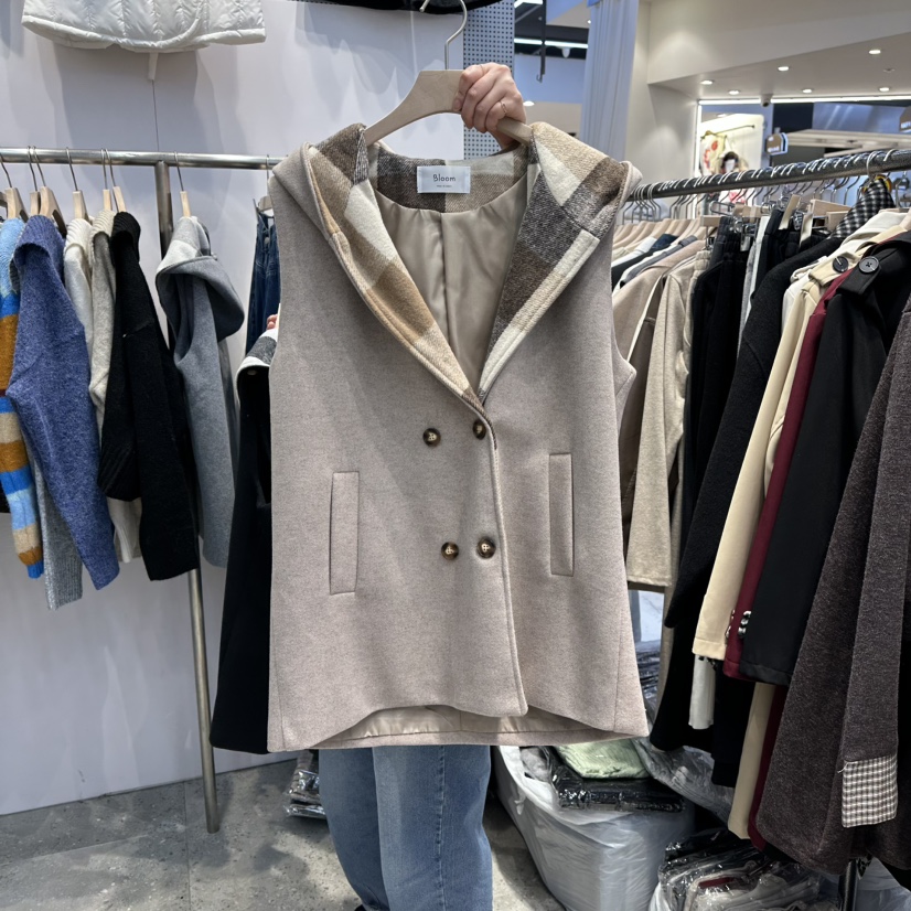 BLOOM韓國代購㊣女士新品休閑25秋冬真品人氣時尚馬甲格子連帽BLOOM-Q馬甲圖色2