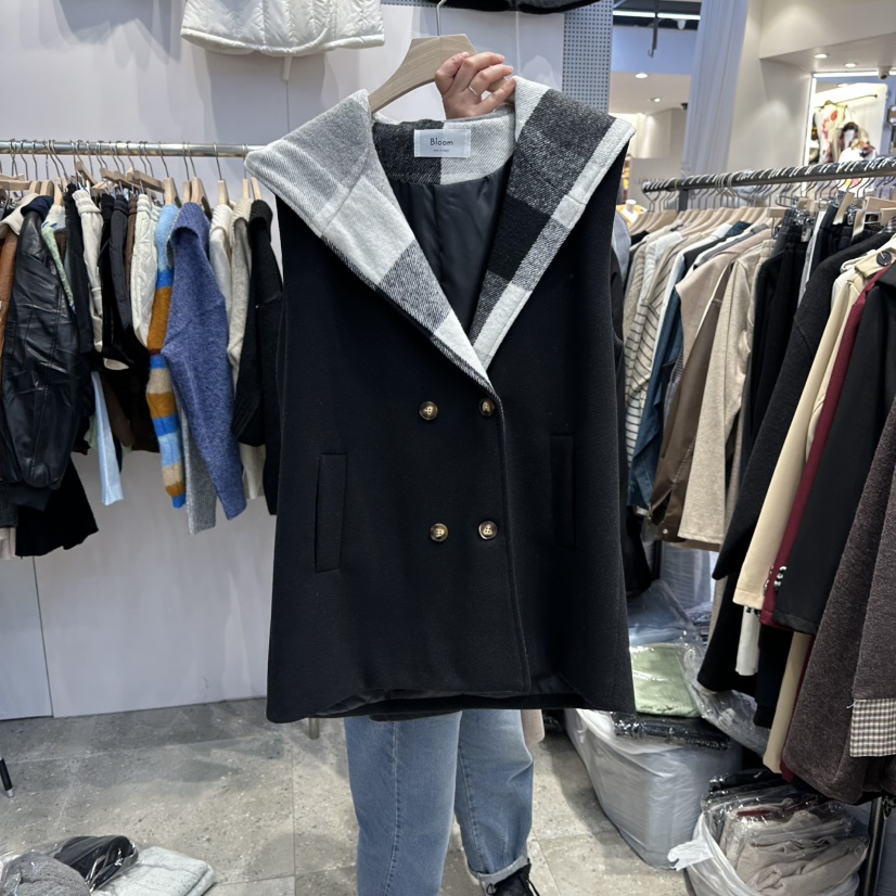 BLOOM韓國代購㊣女士新品休閑25秋冬真品人氣時尚馬甲格子連帽BLOOM-Q馬甲圖色3