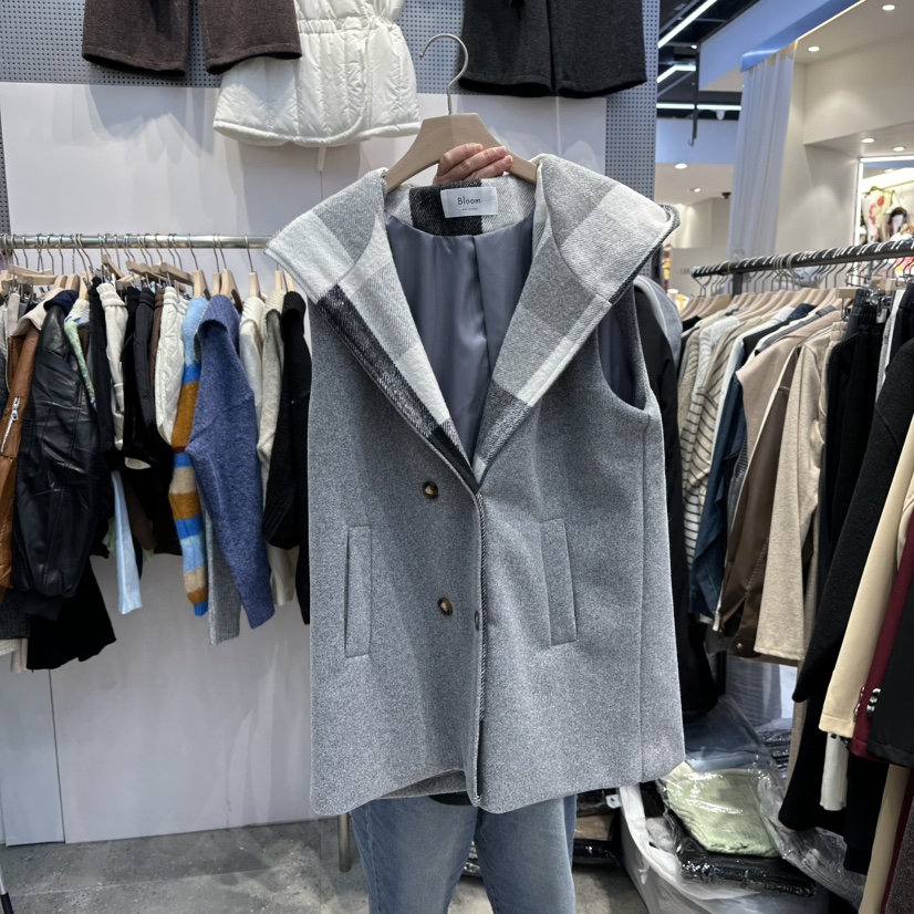 BLOOM韓國代購㊣女士新品休閑25秋冬真品人氣時尚馬甲格子連帽BLOOM-Q馬甲圖色4