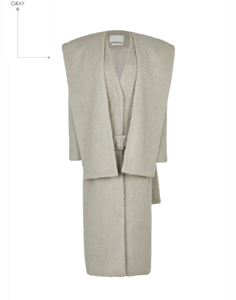 ONEBYTWO東大門㊣代購女士新款人氣中長款大衣含腰帶圍巾連帽ONE BY TWO中長款大衣圖色3