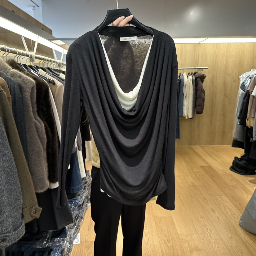 LEFANCY東大門㊣直郵女裝新品人氣熱賣休閑真品長袖T恤假兩件LEFANCY長袖T恤圖色2黑色