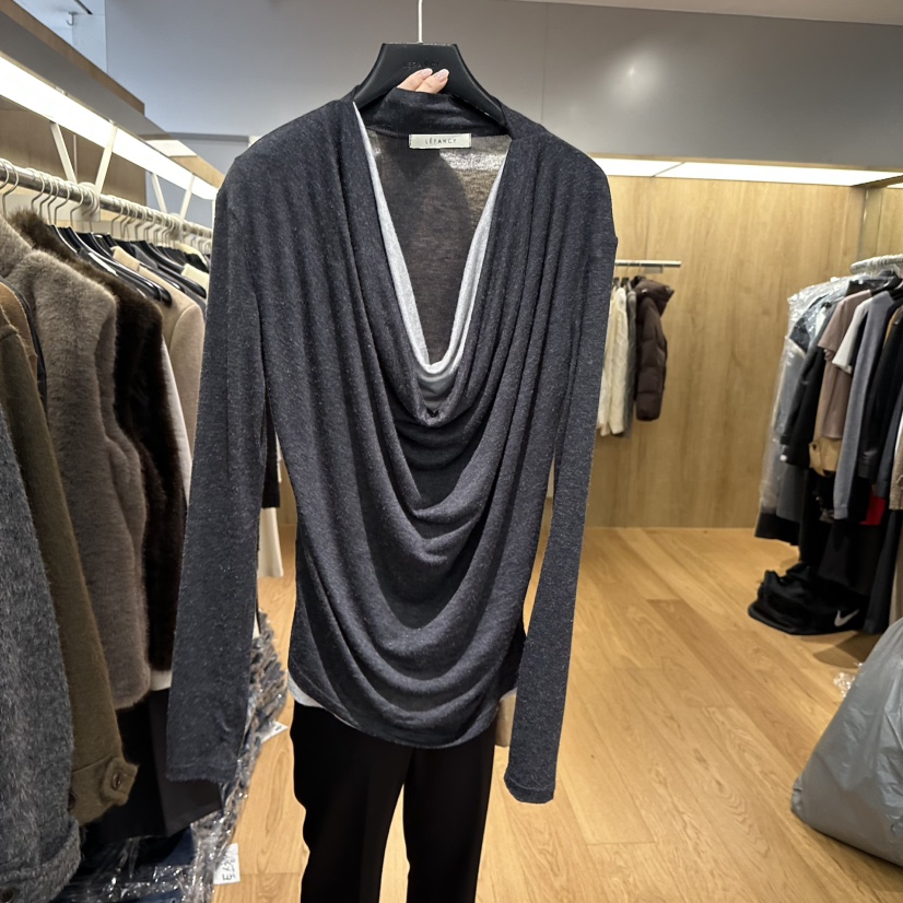 LEFANCY東大門㊣直郵女裝新品人氣熱賣休閑真品長袖T恤假兩件LEFANCY長袖T恤圖色3墨色