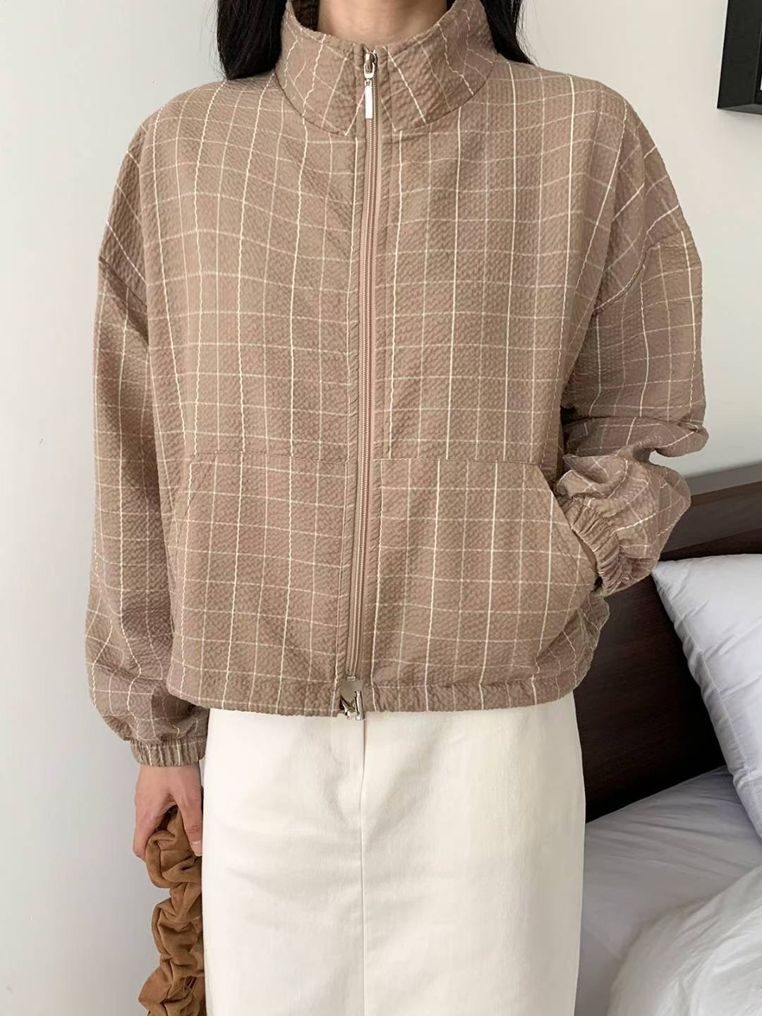 DKS08韓國直郵㊣女裝新款時尚職業休閑熱賣25秋冬夾克格紋高領DKS08夾克圖色2