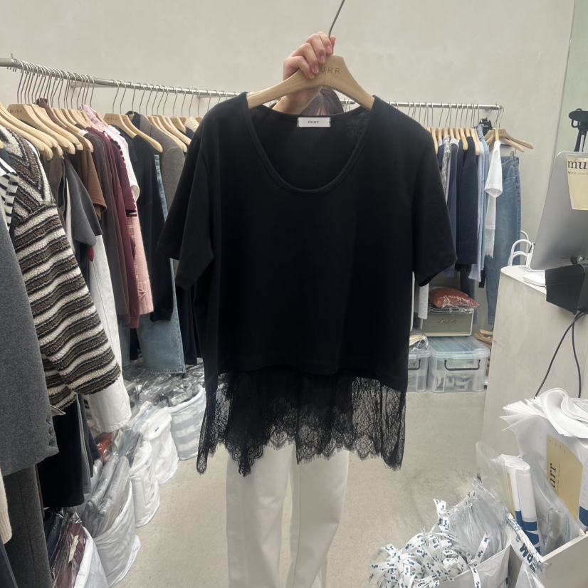MURR東大門㊣代購女裝新品人氣時尚25秋冬熱賣休閑推薦T恤蕾絲MURRT恤圖色2