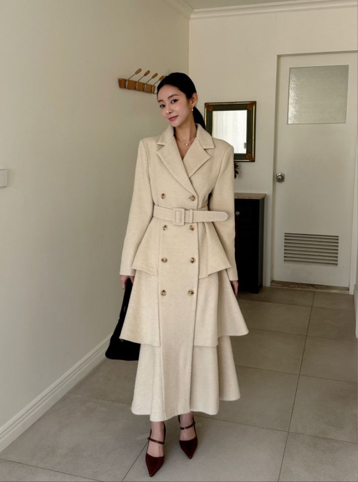 CATS東大門㊣代購女士新款25秋冬休閑中長款大衣含腰帶羊毛CAT.S中長款大衣