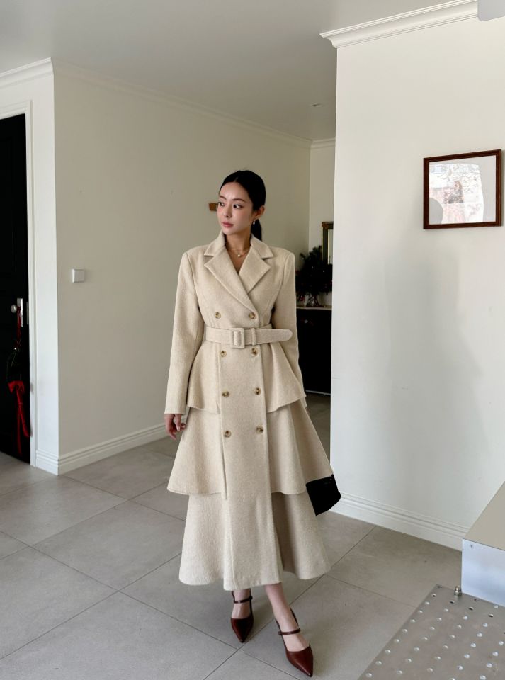 CATS東大門㊣代購女士新款25秋冬休閑中長款大衣含腰帶羊毛CAT.S中長款大衣