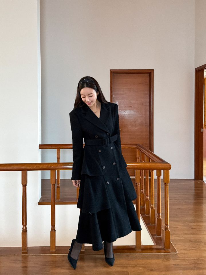 CATS東大門㊣代購女士新款25秋冬休閑中長款大衣含腰帶羊毛CAT.S中長款大衣