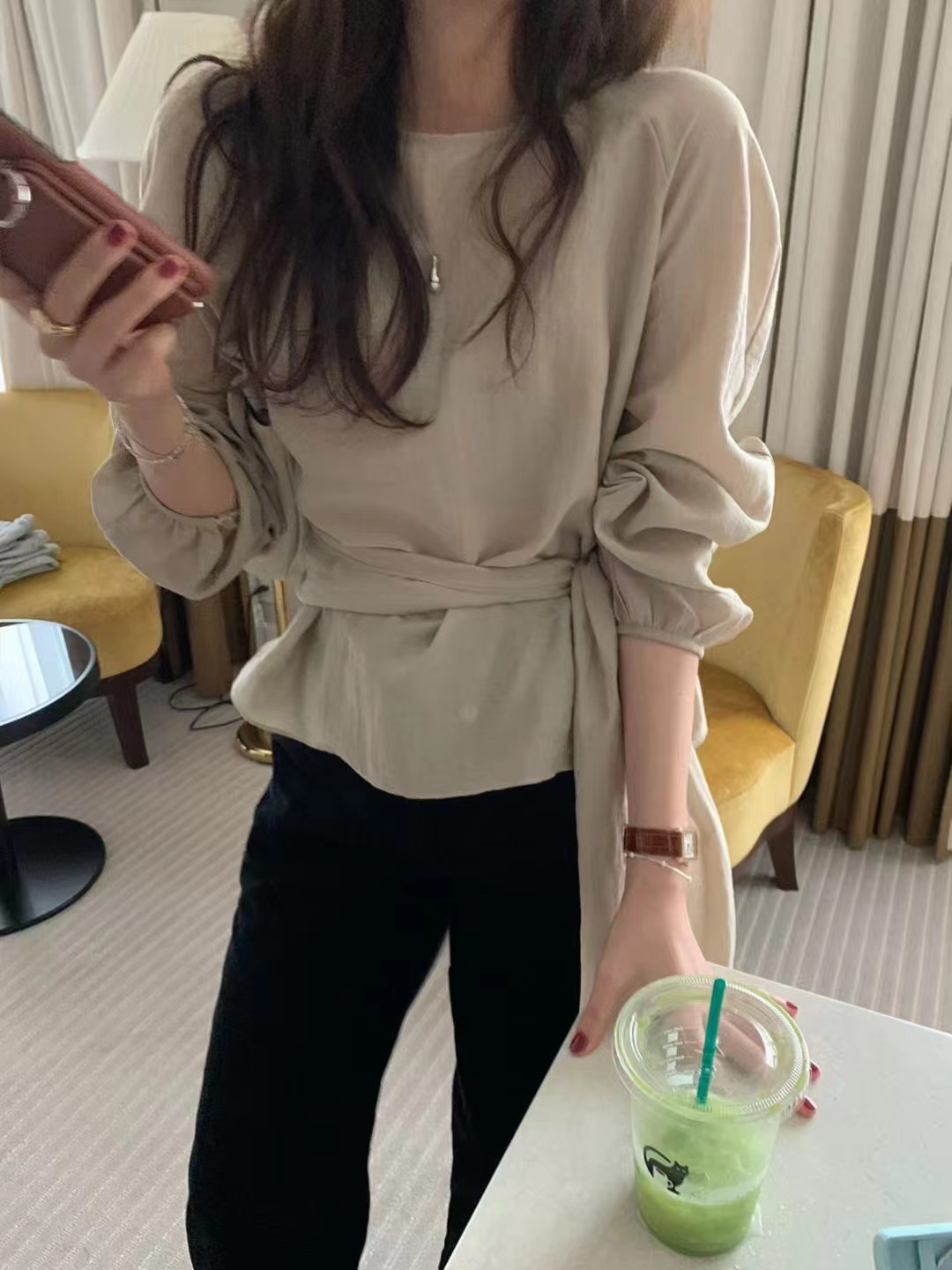 PYT-ot韓國代購㊣女士新品休閑職業推薦人氣襯衫蕾絲衫含腰帶pretty young thing襯衫/蕾絲衫圖色2