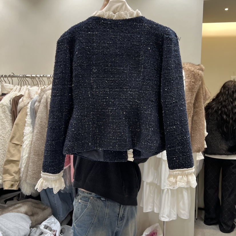 BY FLOW韓國直郵㊣女士新品熱賣25秋冬休閑夾克粗花呢蕾絲BY FLOW夾克