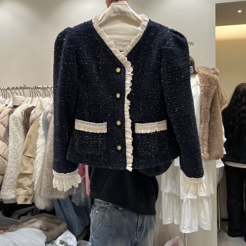 BY FLOW韓國直郵㊣女士新品熱賣25秋冬休閑夾克粗花呢蕾絲BY FLOW夾克圖色2