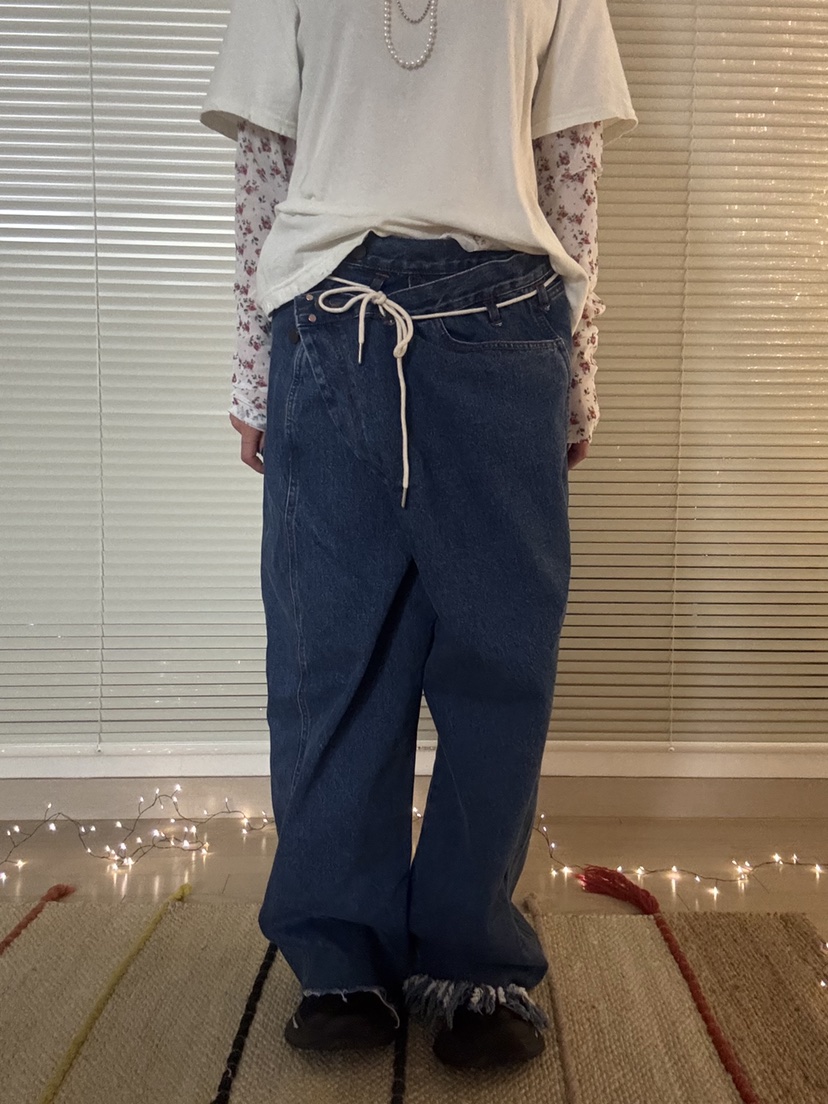 FRANC—L韓國代購㊣女裝新款時尚人氣推薦休閑牛仔褲含腰繩FRANC牛仔褲