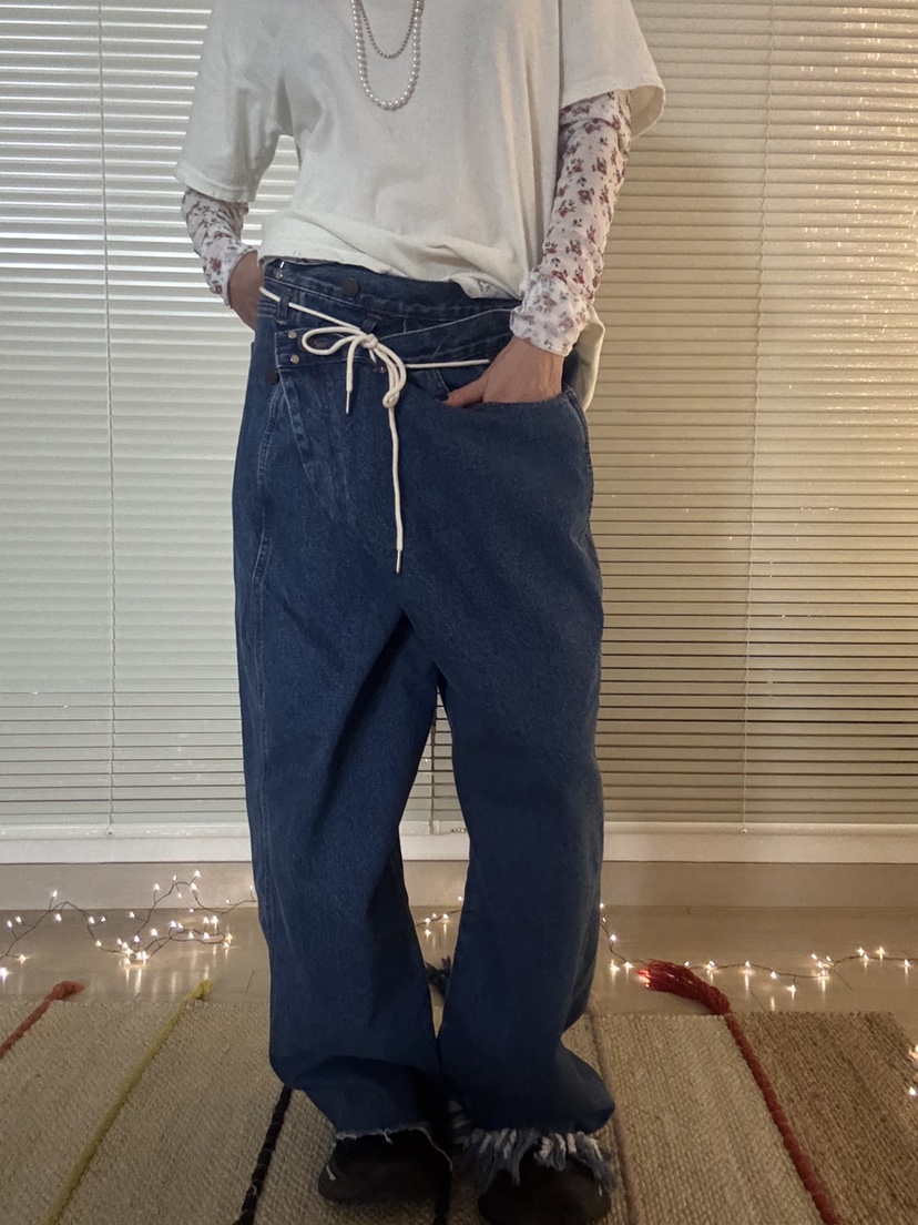 FRANC—L韓國代購㊣女裝新款時尚人氣推薦休閑牛仔褲含腰繩FRANC牛仔褲