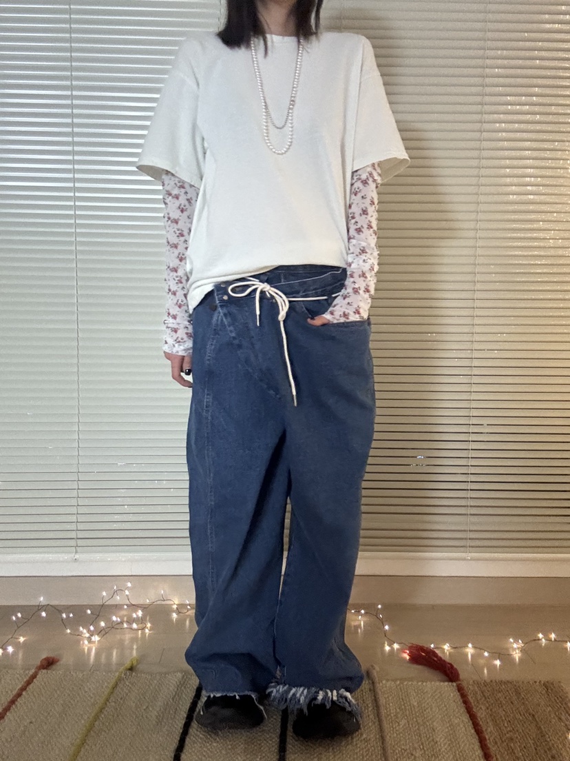 FRANC—L韓國代購㊣女裝新款時尚人氣推薦休閑牛仔褲含腰繩FRANC牛仔褲