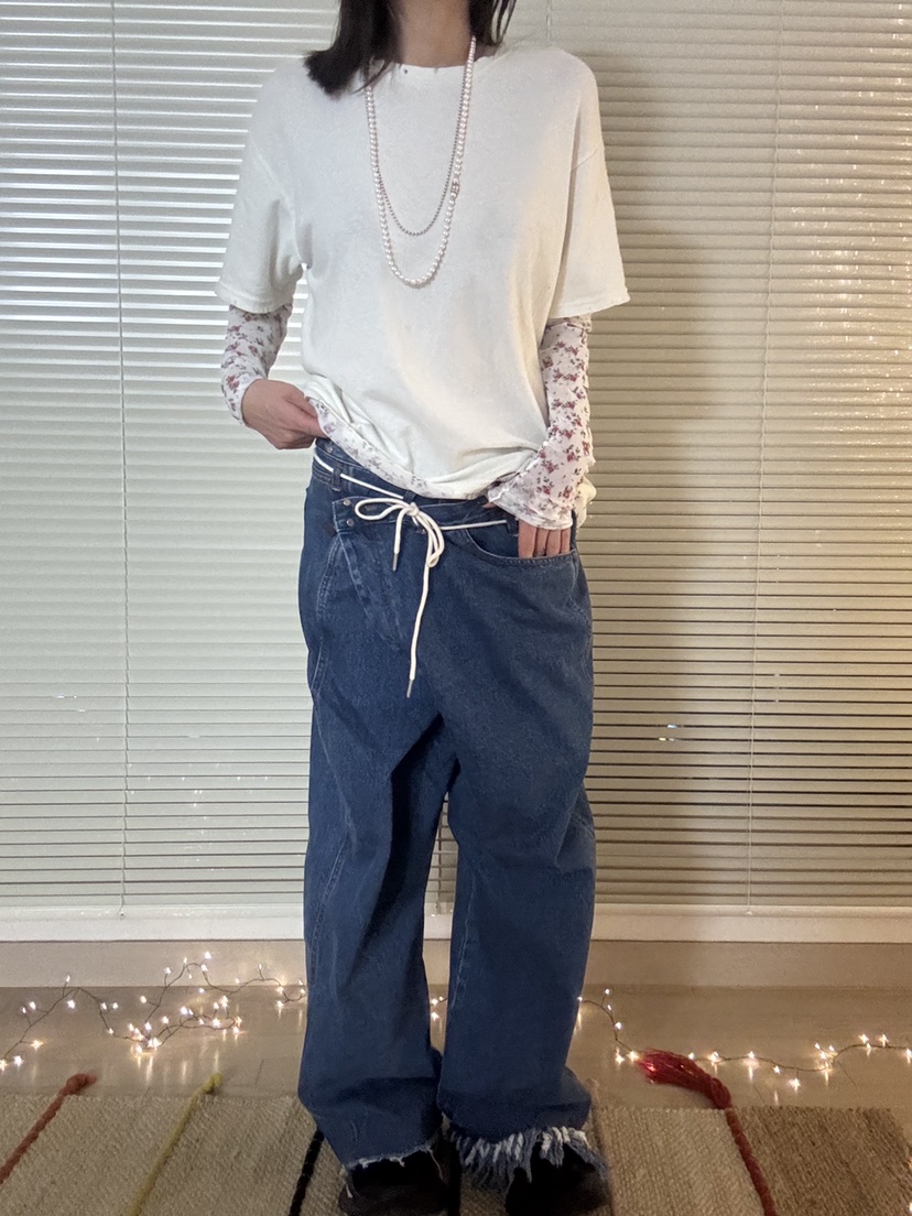 FRANC—L韓國代購㊣女裝新款時尚人氣推薦休閑牛仔褲含腰繩FRANC牛仔褲