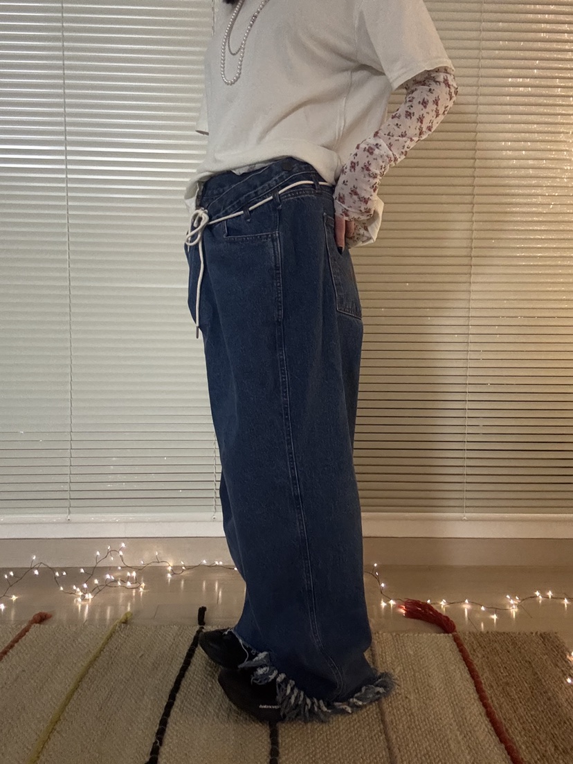 FRANC—L韓國代購㊣女裝新款時尚人氣推薦休閑牛仔褲含腰繩FRANC牛仔褲