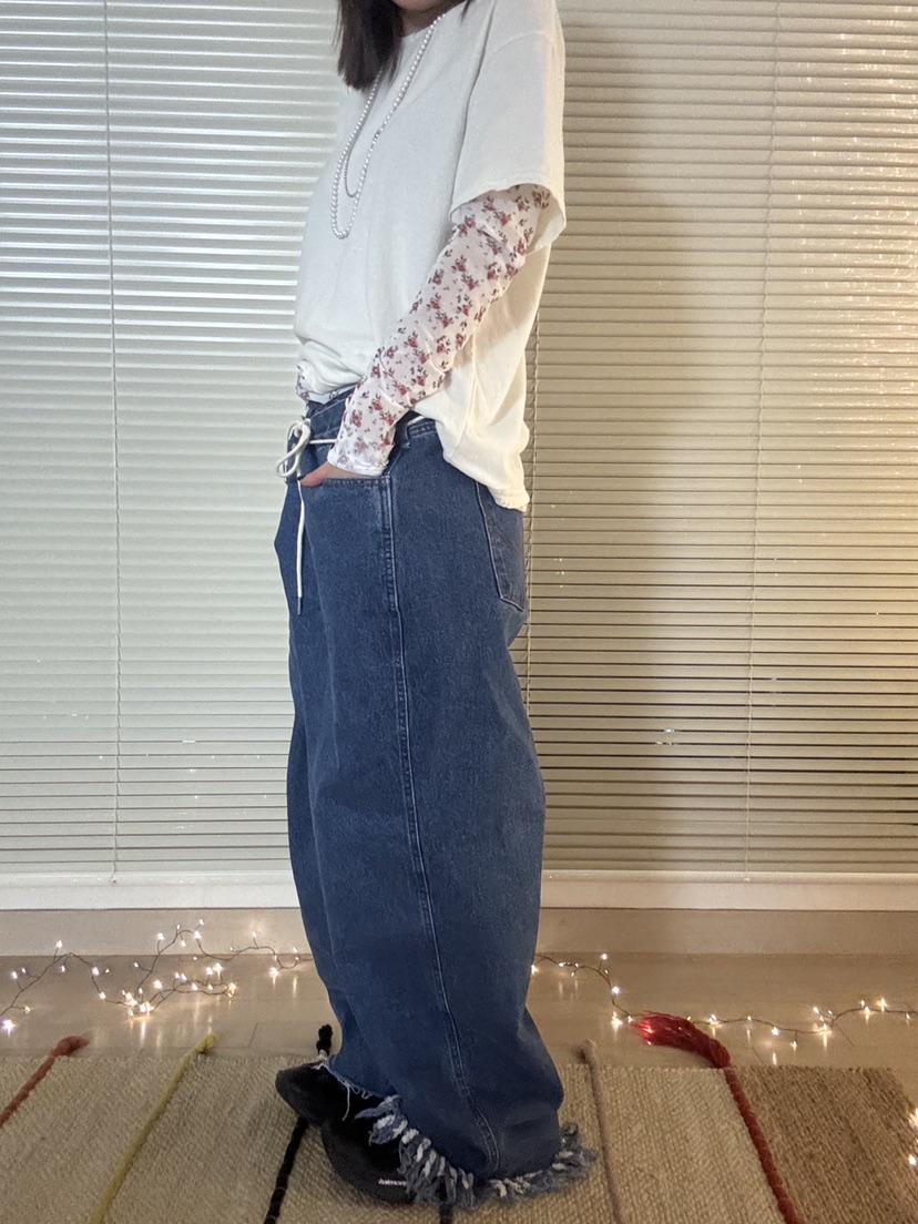 FRANC—L韓國代購㊣女裝新款時尚人氣推薦休閑牛仔褲含腰繩FRANC牛仔褲