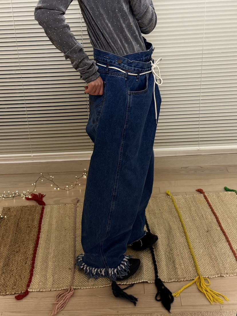 FRANC—L韓國代購㊣女裝新款時尚人氣推薦休閑牛仔褲含腰繩FRANC牛仔褲