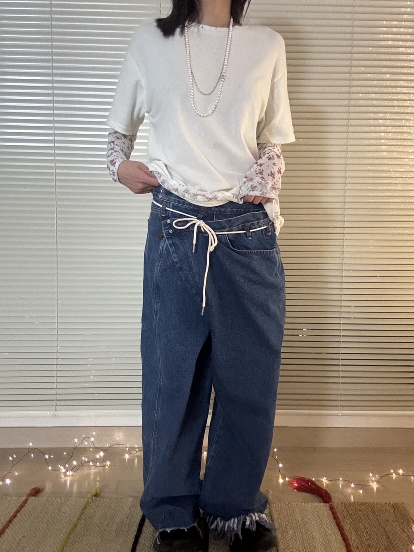 FRANC—L韓國代購㊣女裝新款時尚人氣推薦休閑牛仔褲含腰繩FRANC牛仔褲