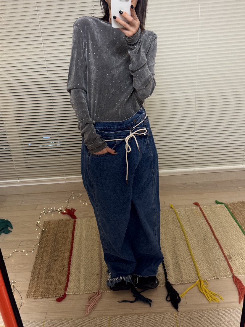 FRANC—L韓國代購㊣女裝新款時尚人氣推薦休閑牛仔褲含腰繩FRANC牛仔褲