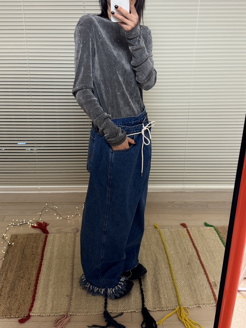 FRANC—L韓國代購㊣女裝新款時尚人氣推薦休閑牛仔褲含腰繩FRANC牛仔褲