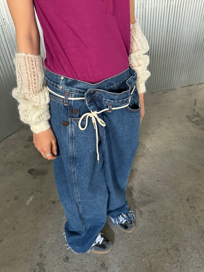 FRANC—L韓國代購㊣女裝新款時尚人氣推薦休閑牛仔褲含腰繩FRANC牛仔褲