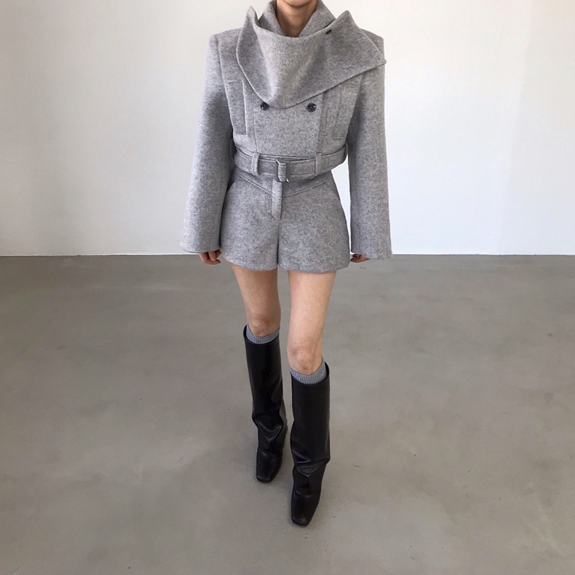 2TWO MOON韓國代購㊣女裝新款時尚短款大衣羊毛圍巾含腰帶2TWO MOON短款大衣