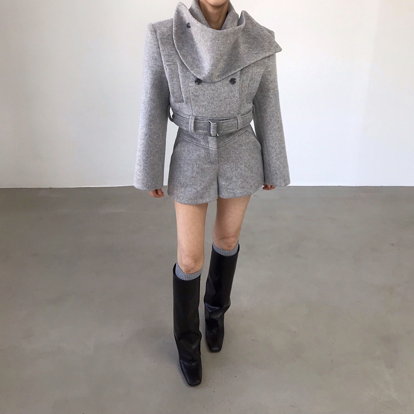 2TWO MOON韓國代購㊣女裝新款時尚短款大衣羊毛圍巾含腰帶2TWO MOON短款大衣