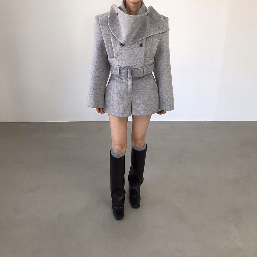 2TWO MOON韓國代購㊣女裝新款時尚短款大衣羊毛圍巾含腰帶2TWO MOON短款大衣