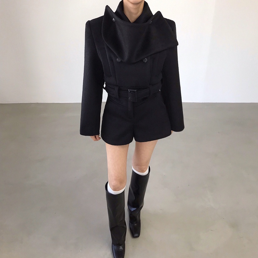 2TWO MOON韓國代購㊣女裝新款時尚短款大衣羊毛圍巾含腰帶2TWO MOON短款大衣