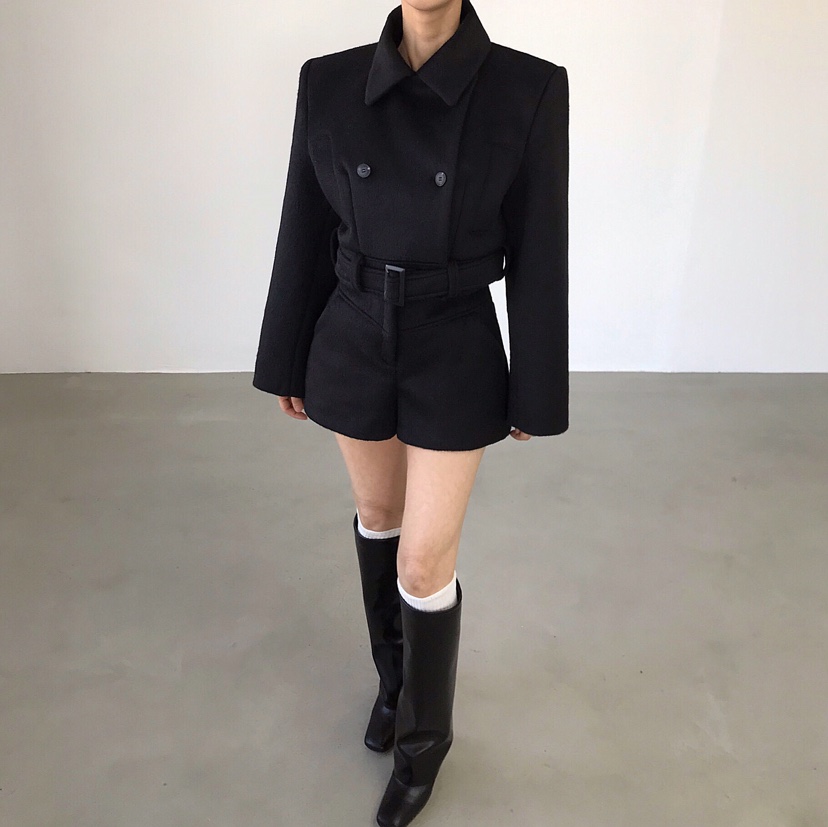 2TWO MOON韓國代購㊣女裝新款時尚短款大衣羊毛圍巾含腰帶2TWO MOON短款大衣