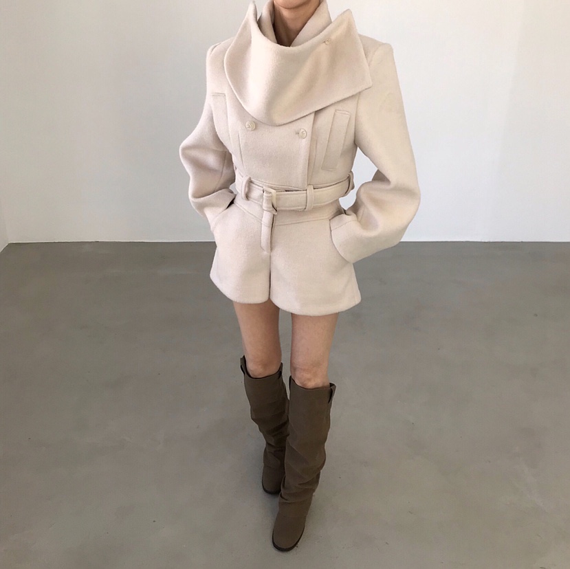 2TWO MOON韓國代購㊣女裝新款時尚短款大衣羊毛圍巾含腰帶2TWO MOON短款大衣