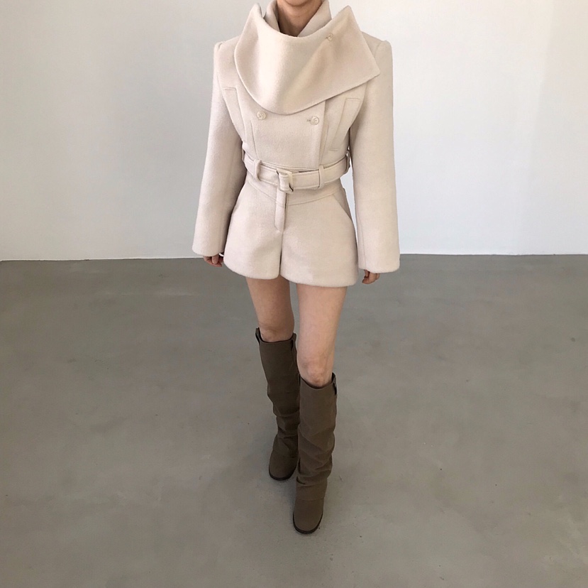 2TWO MOON韓國代購㊣女裝新款時尚短款大衣羊毛圍巾含腰帶2TWO MOON短款大衣