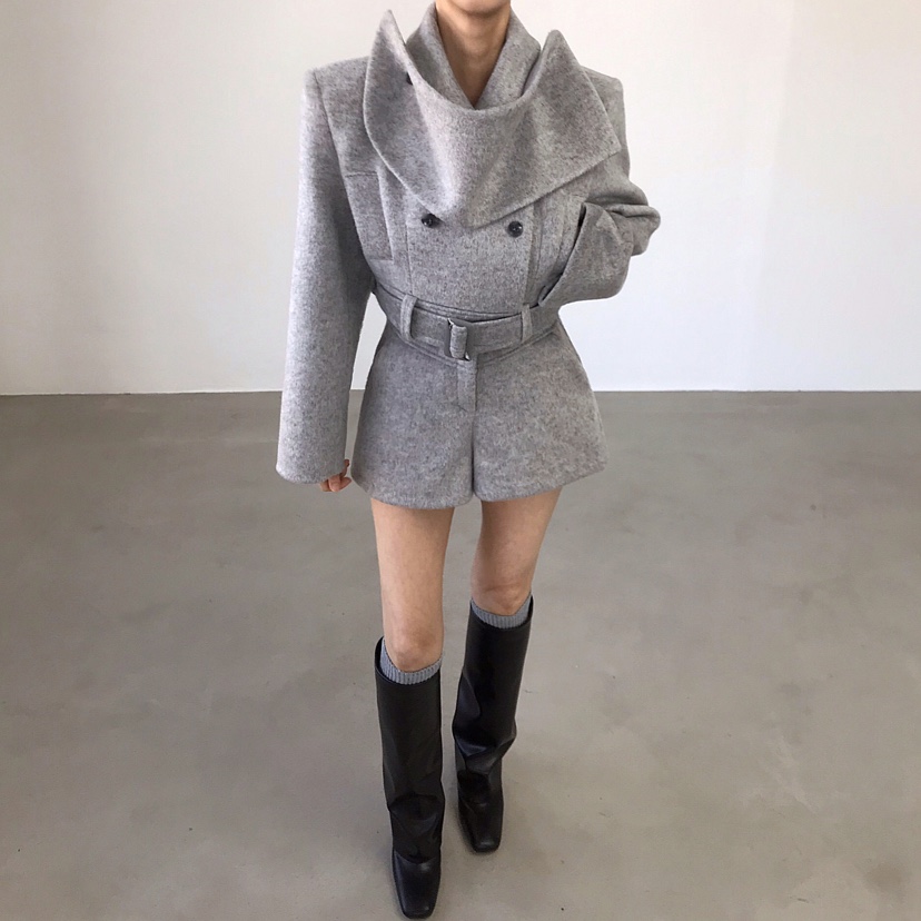 2TWO MOON韓國代購㊣女裝新款時尚短款大衣羊毛圍巾含腰帶2TWO MOON短款大衣圖色1