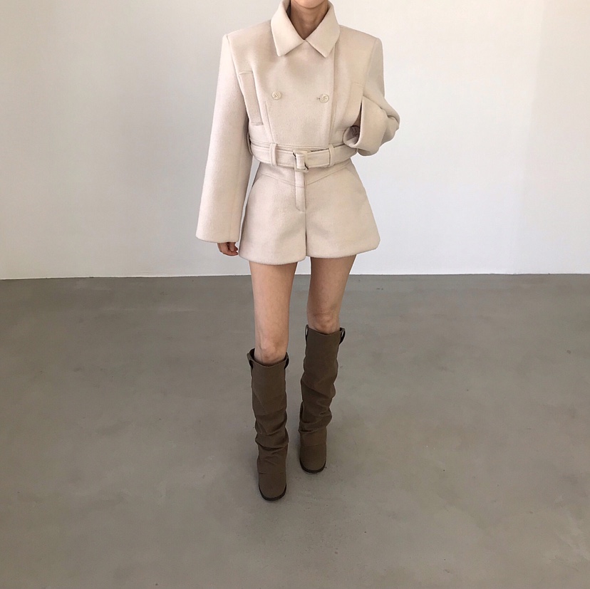 2TWO MOON韓國代購㊣女裝新款時尚短款大衣羊毛圍巾含腰帶2TWO MOON短款大衣圖色3